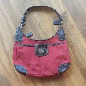 Red fabric and brown leather Coach purse